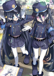 1other 2girls absurdly_long_hair absurdres aqua_halo aris_(blue_archive) armband belt black_belt black_hair blue_archive blue_armband blue_eyes blue_halo blue_hat blue_shorts buttons cosplay crime_prevention_buzzer double-breasted dual_persona gloves hair_between_eyes halo hat highres hikari_(blue_archive) hikari_(blue_archive)_(cosplay) holding holding_ticket kei_(blue_archive) long_hair long_hair_between_eyes looking_at_viewer multiple_girls nozomi_(blue_archive) nozomi_(blue_archive)_(cosplay) pantyhose peaked_cap pink_eyes pink_halo pose_imitation rabbit_pose rectangular_halo ringed_eyes shorts sparkle thomason366 ticket train_conductor very_long_hair whistle white_gloves white_pantyhose