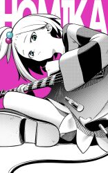 1girl aki_the_beast bass_guitar blue_eyes boots cable character_name closed_mouth commentary crossed_legs dress forehead greyscale_with_colored_background hair_bobbles hair_ornament highres holding instrument looking_at_viewer multicolored_hair_bobbles nintendo pink_background pokemon pokemon_bw2 roxie_(pokemon) short_hair simple_background solo spot_color striped_clothes striped_dress topknot white_hair