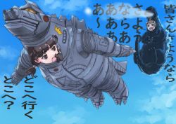 Rule 34 | 2girls, absurdres, atomic breath, blunt bangs, brown eyes, brown hair, cloud, cosplay, fang, floating hair, flying, glowing, glowing spikes, godzilla, godzilla (cosplay), godzilla (series), godzilla vs. hedorah, godzilla vs. mechagodzilla, highres, k katora, kaiju, low twintails, mecha, mechagodzilla, mechagodzilla (cosplay), multiple girls, open hands, open mouth, original, robot, scared, sidelocks, sky, tail, terror of mechagodzilla, toho, translation request, twintails