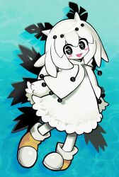 1girl black_eyes blue_background capelet commentary dress english_commentary full_body highres hood hooded_capelet kakke666 looking_at_viewer original pigeon-toed sea_bunny sea_slug_girl solo tentacle_hair white_capelet white_dress white_hair