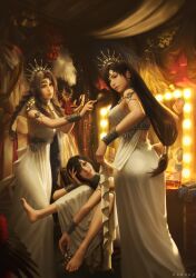 3girls absurdres aerith_gainsborough ass backstage barefoot black_hair brown_hair clothes_lift curtains dress dress_lift final_fantasy final_fantasy_vii final_fantasy_vii_rebirth final_fantasy_vii_remake highres honeybunny-art long_hair looking_at_another low-tied_long_hair makeup_brush marquee_lights mirror multiple_girls official_alternate_costume princess_rosa_costume sitting smile tiara tifa_lockhart yuffie_kisaragi