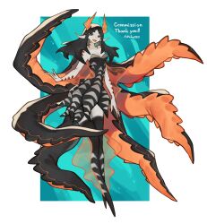 1girl black_dress black_eyes black_hair blue_background colored_inner_hair colored_skin commentary_request commission dress fang fins grey_skin highres horns long_hair looking_at_viewer monster_girl multicolored_eyes multicolored_hair no_feet orange_hair original red_eyes ruteko_(ruko220) skeb_commission skin_fang slit_pupils solo tentacle_clothes tentacle_hair very_long_hair