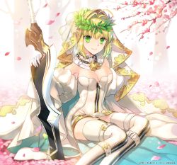 10s 1girl aestus_estus ahoge bad_id bad_pixiv_id belt belt_skirt blonde_hair breasts bridal_veil chain closed_mouth detached_collar detached_sleeves fate/extra fate/extra_ccc fate/grand_order fate_(series) female_focus green_eyes hair_intakes leotard lock medium_breasts nero_claudius_(bride)_(fate) nero_claudius_(bride)_(third_ascension)_(fate) nero_claudius_(fate) nero_claudius_(fate)_(all) outdoors padlock petals pixiv_id puffy_detached_sleeves puffy_sleeves sidelocks sitting smile solo thighhighs trianon veil watermark web_address white_leotard white_thighhighs wreath yokozuwari