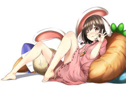 1girl :3 ;3 animal_ears bad_id bad_pixiv_id bare_legs barefoot blush brown_eyes brown_hair rabbit_ears carrot dress feet female_focus hand_gesture inaba_tewi jewelry lages lying moon one_eye_closed pendant rocket short_hair smile solo stuffed_toy touhou unowen wink