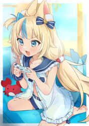 1girl :3 absurdres ahoge animal_ear_fluff animal_ears barefoot blonde_hair blue_bow blue_eyes blue_hair blue_sailor_collar blunt_bangs blush bow cat_ears collarbone commentary controller couch crab dot_nose dress english_commentary fins fish_girl fish_tail from_side game_controller hair_bow highres holding holding_controller holding_game_controller indie_virtual_youtuber indoors leaning_forward lifebuoy lifebuoy_hair_ornament long_hair low_twintails multicolored_hair on_couch one_side_up open_mouth pel_(mog_mogn) sailor_collar sailor_dress sameko_saba shark_tail shorts sitting sleeveless sleeveless_dress solo sparkle streaked_hair swim_ring tail tareme twintails very_long_hair wariza white_dress white_shorts