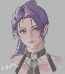 1girl alternate_hairstyle artist_name bare_shoulders choker collarbone fire_emblem fire_emblem:_three_houses grey_background highres long_hair lynarc nintendo ponytail portrait purple_eyes shamir_nevrand simple_background smile solo