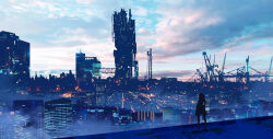 Rule 34 | 1girl, arufa7ray, blue sky, blue theme, building, city, city lights, cityscape, cloud, commentary, concept art, crane (machine), english commentary, hand on own hip, highres, landscape, original, scenery, silhouette, sky, skyscraper, standing