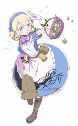 1girl absurdres apron basket bell belt_pouch blonde_hair blue_dress blue_eyes boots brown_boots club_(weapon) cowbell curly_hair dress etrian_odyssey farmer_(sekaiju) farmer_4_(sekaiju) flower_basket full_body gloves highres holding holding_club holding_weapon leaning_forward looking_to_the_side medium_dress mushroom nikki_kyousuke pouch puffy_short_sleeves puffy_sleeves scissors sekaiju_no_meikyuu sekaiju_no_meikyuu_3 shading_eyes short_sleeves solo star_(symbol) tool_belt weapon white_apron white_gloves