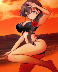 Rule 34 | 1girl, ass, beach, bikini, black bikini, blush, braid, braided ponytail, breasts, brown eyes, brown hair, girls und panzer, grin, highres, kumaisao, large breasts, long hair, looking at viewer, ocean, outdoors, ponytail, rukuriri (girls und panzer), smile, solo, swimsuit