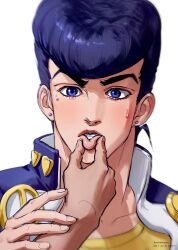 blue_eyes diamond_wa_kudakenai earrings eyelashes heart higashikata_josuke highres jewelry jojo_no_kimyou_na_bouken lips male_focus pompadour santamanymany school_uniform solo_focus sweat teeth