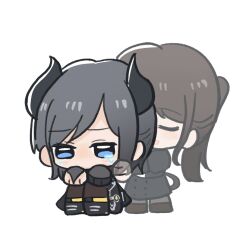 2girls assault_lily behind_another black_boots black_dress black_gloves black_horns black_skirt blue_eyes blush boots bridal_gauntlets brown_hair brown_pantyhose brown_shoes buttons chibi closed_eyes crying crying_with_eyes_open dress fading full_body gloves grey_bridal_gauntlets grey_hair grey_pantyhose hand_on_another&#039;s_cheek hand_on_another&#039;s_face hand_up hands_on_own_knees hashtag-only_commentary high-waist_skirt highres horns juliet_sleeves karasawa_aisa kasa_(kasa_mayulove) knees_up long_sleeves looking_ahead multiple_girls no_mouth one_eye_covered open_mouth outstretched_arm pantyhose ponytail puffy_sleeves school_uniform sekino_youko shoes short_hair simple_background single_glove sitting skirt smile standing tears white_background yurigaoka_girls_academy_school_uniform
