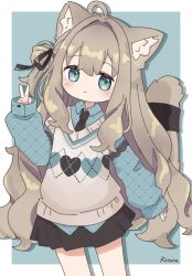1girl :&lt; animal_ear_fluff animal_ears aqua_bow black_skirt black_thighhighs blue_eyes blush bow bow_panties closed_mouth clothes_lift collarbone cowboy_shot crop_top cropped_shirt crossed_bangs dot_nose double-parted_bangs expressionless flat_chest fox_ears fox_girl gluteal_fold green_bow green_ribbon grey_hair groin hair_between_eyes hair_bow hair_ribbon halterneck highres kipfel_(vrchat) lifting_own_clothes long_hair long_sleeves looking_at_viewer midriff miniskirt multicolored_hair navel panties panty_pull pleated_skirt puffy_long_sleeves puffy_sleeves raised_eyebrows ribbon shirt sidelocks simple_background skirt skirt_lift sleeves_past_wrists solo spaghetti_strap standing straight-on streaked_hair striped_clothes striped_panties sweat sweatdrop sweater thighhighs thighs twintails underwear v-neck vrc_kotone vrchat white_background white_panties white_shirt white_sweater