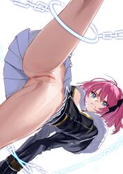 1girl absurdres annoyed blue_eyes bound breasts chain cleavage cleft_of_venus closers commission from_below fur_trim hair_between_eyes highres looking_down medium_breasts medium_hair nipple_slip nipples pink_hair pixiv_commission pleated_skirt pussy restrained seulbi_lee simple_background skirt spread_legs straydogshelter tied_up_(nonsexual) upskirt white_background white_skirt