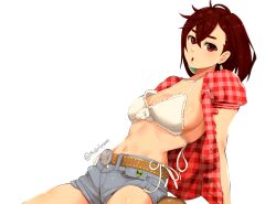 Rule 34 | absurdres, ayase momo, belt, bikini, breasts, brown belt, brown eyes, brown hair, cosplay, dandadan, denim, denim shorts, earrings, highres, jewelry, kwon eun-bi, kwon eun-bi (cosplay), large breasts, looking at viewer, navel, open mouth, plaid clothes, plaid shirt, shirt, shorts, simple background, srlmao, swimsuit, twitter username, white background, white bikini