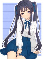 1girl 82k_mugi absurdres black_hair blue_eyes blush border brick_wall commentary_request frilled_shirt_collar frills green_ribbon green_skirt hair_ribbon highres idolmaster idolmaster_million_live! invisible_chair long_hair long_sleeves looking_at_viewer mogami_shizuka outline puffy_long_sleeves puffy_sleeves ribbon shirt_tucked_in sitting skirt smile solo thighs twintails very_long_hair white_border white_outline