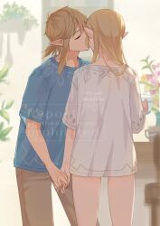 1boy 1girl blonde_hair brown_pants green_shirt hetero kiss kissing_cheek link long_hair nintendo pants plant pointy_ears ponytail potted_plant princess_zelda seri_(yuukasakura) shirt short_sleeves the_legend_of_zelda the_legend_of_zelda:_breath_of_the_wild watermark white_shirt