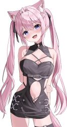 1girl a_a_(sfpz3443) animal_ears antenna_hair bare_shoulders black_dress black_ribbon blush braid breasts cleavage commentary dress hair_ribbon hakui_koyori hakui_koyori_(dark_maid) heart heart_o-ring hololive large_breasts long_hair looking_at_viewer navel o-ring o-ring_thigh_strap open_mouth pink_hair purple_eyes ribbon simple_background smile solo stomach thigh_strap thighs twintails virtual_youtuber white_background wolf_ears wolf_girl