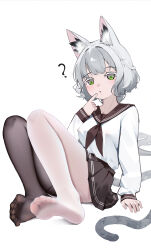 1girl absurdres animal_ears arknights asymmetrical_legwear blush feet green_eyes grey_hair highres looking_at_viewer medium_hair pantyhose parted_lips rosmontis_(arknights) school_uniform serafuku shenmi_de_xigua soles tail toes