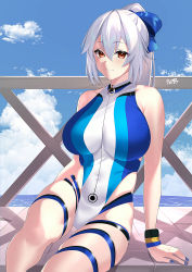 1girl bare_shoulders blue_bow blue_one-piece_swimsuit bow breasts fate/grand_order fate_(series) hair_between_eyes hair_bow highleg highleg_one-piece_swimsuit highres kurozawa_yui large_breasts long_hair looking_at_viewer nail_polish one-piece_swimsuit ponytail red_eyes silver_hair smile solo swimsuit thigh_strap thighs tomoe_gozen_(fate) tomoe_gozen_(swimsuit_saber)_(fate) tomoe_gozen_(swimsuit_saber)_(first_ascension)_(fate) two-tone_swimsuit white_one-piece_swimsuit