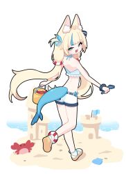 Rule 34 | 1girl, absurdres, animal ear fluff, animal ears, blonde hair, blue eyes, bucket, cat ears, commentary, crab, fins, fish girl, fish tail, full body, highres, indie virtual youtuber, koora aisu, lifebuoy hair ornament, long hair, low twintails, open mouth, sameko saba, sand castle, sand sculpture, short shorts, shorts, solo, standing, standing on one leg, swimsuit, symbol-only commentary, tail, twintails, white shorts