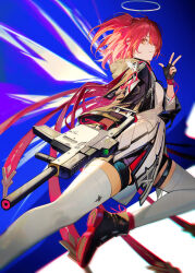 1girl absurdres arknights black_gloves black_shorts commentary detached_wings dooduck exusiai_(arknights) exusiai_the_new_covenant_(arknights) fingerless_gloves gloves gun halo highres holding holding_gun holding_weapon kriss_vector looking_at_viewer medium_hair one_side_up orange_eyes red_hair red_skirt shorts skirt solo submachine_gun symbol-only_commentary thighhighs v weapon white_thighhighs wings