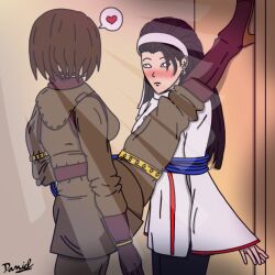 black_hair blushing_female brown_hair heart ikari_warriors kagura_chizuru mercenary priestess snk the_king_of_fighters the_king_of_fighters_xv tied_up_(nonsexual) trapped whip whip_(kof) white_headgear