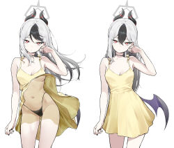 Rule 34 | 1girl, absurdres, alternate costume, bare arms, bare shoulders, black hair, black nails, black panties, blue archive, breasts, bright pupils, choker, cowboy shot, demon girl, demon horns, demon wings, dress, fingernails, grey hair, grey halo, hair between eyes, halo, hand up, highres, horns, hyury, kayoko (blue archive), long hair, looking at viewer, low wings, medium breasts, mole, mole on neck, multicolored hair, multiple views, nail polish, panties, pantyshot, red eyes, simple background, single wing, sleeveless, sleeveless dress, spaghetti strap, sundress, two-tone hair, underwear, white background, white pupils, wind, wind lift, wings, yellow dress