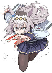 1girl absurdres ahoge animal_ears black_pantyhose black_skirt blue_eyes bright_pupils diamond_(shape) diamond_hairband fingernails grey_hair hair_ornament haruyuki_(gffewuoutgblubh) highres horse_ears horse_girl horse_tail long_hair long_sleeves looking_at_viewer miniskirt neckerchief oguri_cap_(umamusume) pantyhose pleated_skirt red_neckerchief running shirt simple_background skirt solo sweat tail umamusume v-shaped_eyebrows white_background white_pupils white_shirt