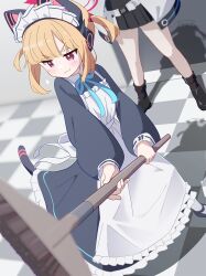 2girls :3 animal_ear_headphones animal_ears apron aqua_ribbon bare_legs belt belt_pouch black_dress black_shoes black_skirt blonde_hair blue_archive blunt_bangs blurry broom brown_socks cat_ears cat_tail checkered_floor coat commentary_request depth_of_field dress dutch_angle fake_animal_ears fake_tail foreshortening frilled_apron frilled_dress frills halo headphones highres holding holding_broom indoors kyousuke_(orcein) long_dress long_sleeves looking_ahead maid maid_apron maid_headdress medium_hair momoi_(blue_archive) momoi_(maid)_(blue_archive) multiple_girls neck_ribbon official_alternate_costume official_alternate_hairstyle pink_eyes pink_halo pouch puffy_long_sleeves puffy_sleeves ribbon shadow shoes short_twintails sidelocks skirt smile smug socks tail twintails v-shaped_eyebrows white_apron white_belt white_coat yuuka_(blue_archive)
