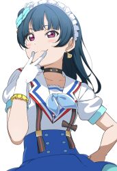 Rule 34 | 1girl, absurdres, birthday, blue hair, blush, collar, collarbone, earrings, gloves, highres, icehotmilktea, jewelry, long hair, love live!, love live! sunshine!!, solo, tsushima yoshiko, upper body, white background, white gloves