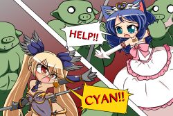 2girls absurdres animal_ears armor captured cat_ears cat_girl cyan_(show_by_rock!!) dog_girl dog_tail dress glasses highres mojap multiple_boys multiple_girls orc princess retoree_(show_by_rock!!) show_by_rock!! tail warrior weapon