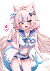 1girl absurdres ahoge animal_ear_fluff animal_ears bikini bikini_under_clothes blonde_hair blue_bikini blue_eyes blue_hair blue_nails blush breasts cat_ears dress fang fins fish_girl fish_tail frilled_bikini frills heart highres indie_virtual_youtuber llg062666 long_hair looking_at_viewer low_twintails multicolored_hair nail_polish sameko_saba short_shorts shorts sleeveless sleeveless_dress small_breasts smile solo spoken_heart streaked_hair swimsuit tail twintails very_long_hair virtual_youtuber white_dress white_shorts