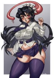 1girl black_hair blush breasts bright_pupils cowboy_shot curvy filia_(skullgirls) grey_background hand_up large_breasts long_hair mooo_sann navel necktie open_mouth pink_lips pleated_skirt samson_(skullgirls) school_uniform skirt skullgirls solo thick_thighs thighhighs thighs tongue tongue_out wide-eyed wide_sleeves