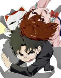 1boy 2girls ayase_momo back-to-back black_hair black_jacket black_pants blue_skirt bow bowtie brown_eyes brown_hair cat commentary_request dandadan earrings flashlight from_above gakuran glasses hair_between_eyes heads_together highres holding holding_flashlight jacket jewelry kami_high_school_uniform lantern leaning_on_person looking_at_viewer maneki-neko multiple_girls open_mouth pants pink_sweater pleated_skirt red_bow red_bowtie round_eyewear school_uniform short_hair skirt sweater takakura_ken_(dandadan) tanakaryoo1 turbo_granny_(dandadan)