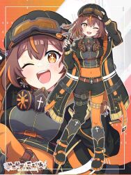 1girl ;d arm_up belt black_boots black_coat black_gloves black_hat black_shirt black_shorts blush boots bow braid breasts brown_belt brown_hair character_name coat commentary_request covered_navel cross-shaped_pupils crowbar eyewear_on_head fingerless_gloves full_body gloves goggles hair_bow hat headphones headphones_around_neck highres holding holding_crowbar indie_virtual_youtuber long_sleeves looking_at_viewer medium_breasts midriff miz_(mizillustration) multicolored_hair multiple_views one_eye_closed open_clothes open_coat open_mouth orange_bow orange_hair second-party_source shirt short_hair shorts single_braid smile standing streaked_hair symbol-shaped_pupils teeth virtual_youtuber yasuragi_coffin