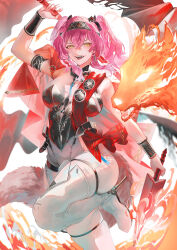 1girl absurdres armlet armor asymmetrical_dual_wielding bare_shoulders black_bow bodysuit boots bow breastplate breasts commentary dual_wielding hair_between_eyes hair_bow hairband high_heels highres holding holding_polearm holding_sword holding_weapon jewelry large_breasts leg_up long_hair looking_at_viewer lupa_(wuthering_waves) metal_hairband open_mouth pink_hair polearm shei99 smile solo sword thigh_boots twintails weapon white_bodysuit white_boots wrist_guards wuthering_waves yellow_eyes