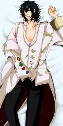 1boy bed_sheet black_hair black_pants blood_dupre collarbone dakimakura_(medium) formal_clothes full_body green_eyes heart_no_kuni_no_alice looking_at_viewer male_focus non-web_source pants pectoral_cleavage pectorals smile solo suit vest white_suit white_vest
