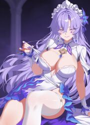 1girl breasts cantarella_(wuthering_waves) chinese_commentary cleavage cleavage_cutout closed_mouth clothing_cutout collared_dress commentary_request dress ear_ornament facial_tattoo flower frilled_headband hair_between_eyes hair_flower hair_ornament hand_up highres large_breasts light_blush long_hair looking_at_viewer multicolored_dress nail_polish purple_dress purple_hair purple_nails sitting sleeveless sleeveless_dress smile solo tattoo thighhighs very_long_hair weitaming_c white_dress white_thighhighs wuthering_waves