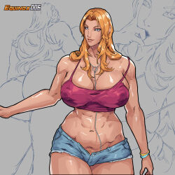 1girl artist_name bare_shoulders bleach blue_eyes bracelet breasts chain chain_necklace collarbone equinox female_focus female_pubic_hair highres jeans_shorts jewelry large_breasts matsumoto_rangiku mole mole_under_mouth necklace no_panties orange_hair orange_pubic_hair pubic_hair shiny_skin short_shorts shorts standing