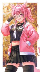 1girl :3 absurdres ahoge animal_ear_fluff animal_ears autumn_leaves black-framed_eyewear black_choker black_sailor_collar black_serafuku black_shirt black_skirt black_thighhighs blush border breasts cat_ears cat_girl cat_tail choker commentary_request contrapposto cowboy_shot crop_top crop_top_overhang falling_leaves fang final_fantasy final_fantasy_xiv fingerless_gloves glasses gloves hand_in_pocket hand_up highres hood hooded_jacket jacket large_breasts leaf long_sleeves looking_at_viewer midriff miniskirt miqo&#039;te multicolored_hair navel neckerchief o-ring o-ring_choker oc_x_canon one_eye_closed open_clothes open_jacket open_mouth original outdoors outside_border pink_hair pink_jacket pink_tail pleated_skirt pocket ponytail_with_braided_base puffy_long_sleeves puffy_sleeves red_hair ribbed_thighhighs sailor_collar school_uniform serafuku shirt side_ponytail skirt smile solo sparkle standing streaked_hair tail thighhighs v v_over_eye wajuniorbox warrior_of_light_(ff14) white_border white_neckerchief zettai_ryouiki