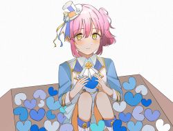 1girl alternate_hairstyle aqua_shirt artist_name artist_request back_ribbon bare_legs blue_ribbon blue_skirt blush boots box breasts brown_eyes collared_shirt dress dress_shirt female_focus flat_chest floral_print flower flower_print gloves hair_ornament hairclip hat hat_flower hat_ribbon heart heart_(symbol) heart_print high_heel_boots high_heels high_ponytail holding knee_boots lace-up_boots looking_at_viewer love_live! love_live!_nijigasaki_high_school_idol_club love_live!_school_idol_festival love_live!_school_idol_festival_all_stars miniskirt navel neckerchief on_box parted_lips pink_hair plaid_clothes plaid_skirt pleated pleated_skirt ponytail pure_white_(love_live!) ribbon shirt short_hair skirt small_breasts smile solo striped_ribbon tennoji_rina white_background white_boots white_gloves white_hat white_neckerchief white_shirt wing_collar yellow_eyes yellow_flower yellow_ribbon