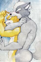2boys anal animal_ears artist_name ass biting_another&#039;s_head claws closed_eyes commentary completely_nude english_commentary fang fox_boy fox_ears fox_mccloud from_side furry furry_male furry_with_furry headlock highres male_focus multiple_boys nintendo nude open_mouth profile scar scar_across_eyebrow scar_on_face shower_(place) showering star_fox tail traditional_media ulala_ko wolf_boy wolf_ears wolf_o&#039;donnell wolf_tail yaoi
