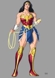 1girl absurdres bare_shoulders black_hair blue_eyes boots bracer breasts circlet cody_conyers_(stellaravenger) comic_cover cosplay dc_comics highres holding_lasso large_breasts lasso lasso_of_truth leotard lips long_hair looking_at_viewer muscular muscular_female simple_background solo superhero_costume thick_thighs thighs wonder_woman wonder_woman_(cosplay) wonder_woman_(series)