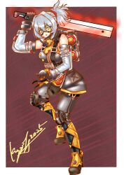 1girl absurdres bare_shoulders black_gloves brown_background gloves goggles grey_hair hair_between_eyes highres holding holding_sword holding_weapon kyota028 open_mouth orange-tinted_eyewear orange_eyes ponytail short_hair simple_background soldier_11_(zenless_zone_zero) solo sword tinted_eyewear weapon white_hair yellow-tinted_eyewear zenless_zone_zero