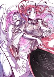 2girls angel angel_wings armor breasts colored_skin cookie_run cookie_run:_kingdom dark-skinned_female dark_skin demon_girl demon_wings double_bun dress elbow_gloves eternal_sugar_cookie gloves hair_bun highres hollyberry_cookie hug hug_from_behind island_inst long_hair looking_at_another medium_breasts multiple_girls pink_dress pink_eyes pink_hair pink_skin puffy_short_sleeves puffy_sleeves short_sleeves solo very_long_hair white_dress white_gloves wings yuri