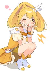 Rule 34 | 1girl, absurdres, bike shorts, blonde hair, cure peace, dress, hair ornament, heart, highres, kise yayoi, lightning bolt symbol, long hair, magical girl, open mouth, ponytail, precure, shoes, smile precure!, solo, squatting, toyosaka, white background, white shoes, wing hair ornament, yellow dress, yellow eyes