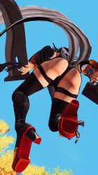 1girl 3d apron ass ass_focus black_hair black_leotard blue_sky breasts butterfly_swords curvy highleg highleg_leotard highres holding holding_weapon huge_ass iroha_(samurai_spirits) leotard maid maid_headdress nature samurai_spirits screencap shiny_skin sideboob skindentation sky solo thighhighs third-party_edit thong_leotard weapon wide_hips