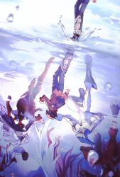 Rule 34 | 1boy, 1girl, 3others, arms up, blue pants, brown hair, cloud, cloudy sky, dappled sunlight, different reflection, duel monster, elemental hero avian, elemental hero lady heat, elemental hero neos, feathered wings, floating, flying, highres, horizon, jacket, light particles, multiple others, neo-spacian aqua dolphin, ocean, open clothes, open jacket, outdoors, pants, pants rolled up, puddle, red jacket, red shoes, reflection, reflective floor, reflective surface, reflective water, running, shoes, sky, splashing, sunlight, wind, wings, yanziswallow, yu-gi-oh!, yu-gi-oh! gx, yuki judai