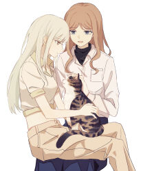 2girls bang_dream! bang_dream!_it&#039;s_mygo!!!!! blue_eyes blue_pants brown_hair brown_pants cat chinese_commentary closed_mouth collared_shirt commentary_request crimiko green_hair highres long_hair long_sleeves midriff multiple_girls nagasaki_soyo open_mouth pants petting shirt short_hair simple_background sitting sitting_on_lap sitting_on_person smile wakaba_mutsumi white_background white_shirt yellow_eyes