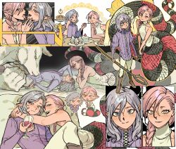 Rule 34 | 1boy, 1girl, braided ponytail lamia (dungeon meshi), cake, cup, drinking glass, dungeon meshi, elf, feeding, food, hetero, highres, hug, mithrun, mon g 11, multiple views, pointy ears, smile, snake girl, standing, tongue, tongue out, wine glass